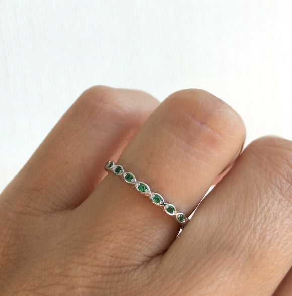 1Ct Round Cut Green Emerald Dainty Minimalist Wedding Band 14K White Gold Finish