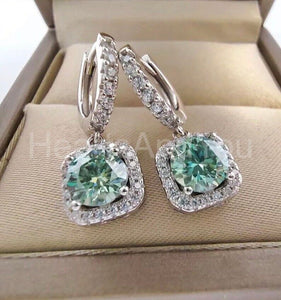 2ct Round Cut Simulated Green Emerald Halo Dangle Earrings 14k White Gold Plated