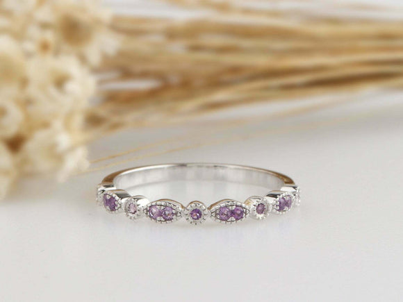 1ct Round Cut Purple Amethyst Wedding Band Half Eternity 14k White Gold Finish