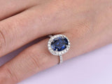 2.3ct Oval Cut Blue Sapphire Halo Solitaire with Accent Ring 14k White Gold Over