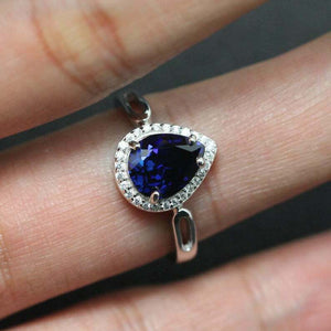 2ct Pear Cut Blue Sapphire Halo Solitaire with Accent Ring 14k White Gold Finish