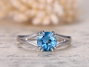 1ct Round Blue Topaz Engagement Ring Split Shank Solitaire 14k White Gold Finish