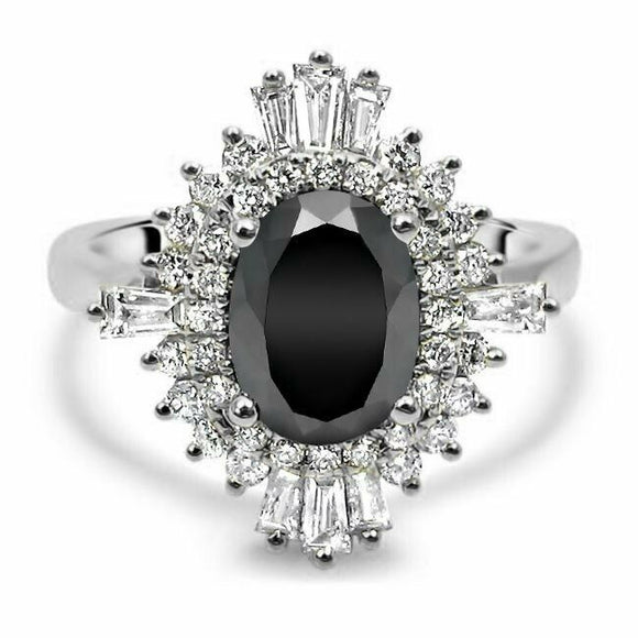 4Ct Oval Black Diamond Dual Halo Ballerina Engagement Ring 14K White Gold Finish