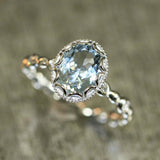 1.6ct Oval Cut Blue Aquamarine Diamond Accents Floral Ring 14k White Gold Finish