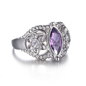 1.3ct Marquise Cut Purple Amethyst Floral Engagement Ring 14k White Gold Finish