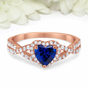 2ct Heart Cut Blue Sapphire Engagement Ring Split Shank Halo 14k RoseGold Finish