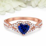 2ct Heart Cut Blue Sapphire Engagement Ring Split Shank Halo 14k RoseGold Finish