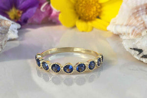 1.2ct Wedding Band Round Blue Sapphire Milgrain Stackable 14k Yellow Gold Finish