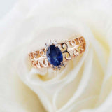 1.5ct Oval Cut Blue Sapphire Filigree Crown Open Shank Ring 14k Rose Gold Finish