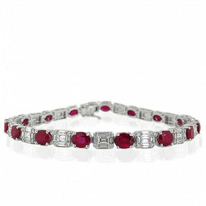 15Ct Oval Cut Pink Ruby Baguette Diamonds Tennis Bracelet 14K White Gold Finish