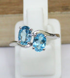 2ct Oval Cut Blue Topaz Two Stone ByPass Engagement Ring 14k White Gold Finish