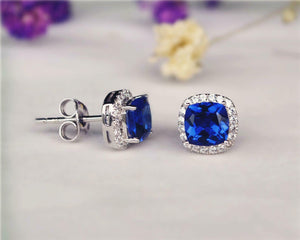 2ct Stud Earrings Cushion Cut Sapphire Diamond Halo Design 14k White Gold Finish