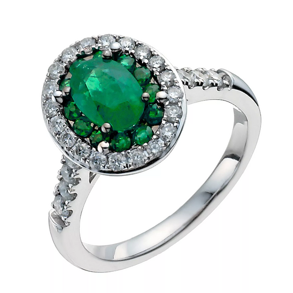 2.5Ct Oval Cut Green Emerald Diamond Halo Engagement Ring 14K White Gold Finish