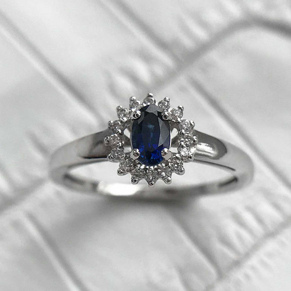 2.2ct Oval Cut Blue Sapphire Diamond Halo Engagement Ring 14k White Gold Finish