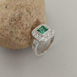 1ct Engagement Ring Asscher Cut Emerald Vintage Inspired 14k White Gold Finish