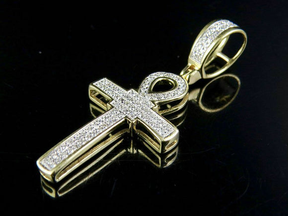 2.2ct Round Cut VVS1D Diamond Egyptian Ankh Cross Pendant 14k Yellow Gold Finish