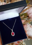 3ct Oval Cut Pink Ruby Pendant with Chain Halo Cluster 14k White Gold Finish