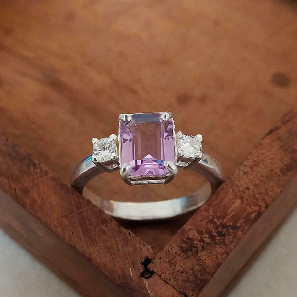 2ct Engagement Ring Emerald Cut Pink Sapphire Three Stone 14k White Gold Finish