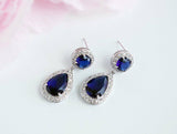 3ct Pear Blue Sapphire Diamond Halo Tear Rain Drop Earring 14k White Gold Finish