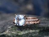 1.5Ct Cushion Cut Blue Aquamarine Bridal Set Engagement Ring 18K Rose Gold Over