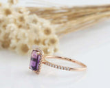 1.6ct Emerald Cut Purple Amethyst Engagement Ring Diamond Halo 14k RoseGold Over