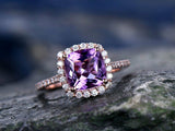 2.3Ct Cushion Purple Amethyst Halo Solitaire Engagement Ring 18K Rose Gold Over