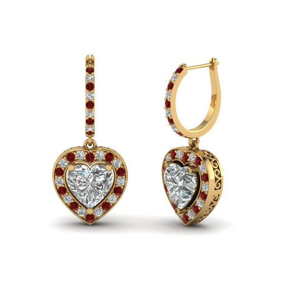 1ct Heart Cut Diamond Ruby Love Vintage Drop Earring Hers 14k Yellow Gold Finish