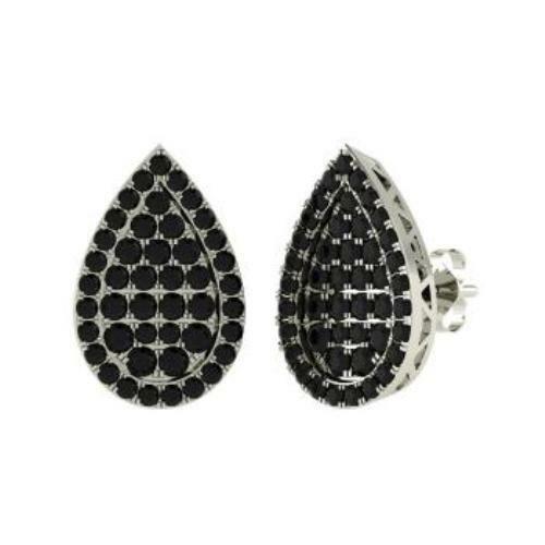 2ct Round Cut Black Diamond Pear Shape Halo Stud Earrings 14k White Gold Finish