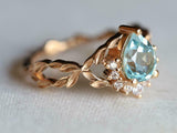 2ct Engagement Ring Pear Cut Blue Aquamarine Leaves Accent 14k YellowGold Finish