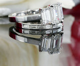 4ct Emerald Cut Diamond Bridal Set Trilogy Engagement Ring 14k White Gold Finish