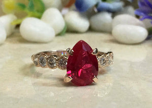 2ct Pear Cut Pink Ruby Round Diamond Accent Engagement Ring 14k Yellow Gold Over