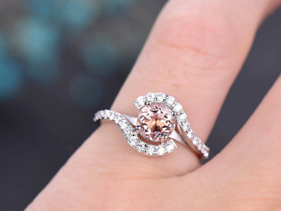 1.4Ct Round Cut Peach Morganite Swirl Style Engagement Ring 14K White Gold Over