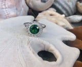 2ct Round Cut Green Emerald Filigree Halo Solitaire Ring 14k White Gold Finish