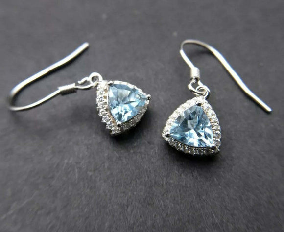 1.6ct Drop Earrings Trillion Cut Blue Topaz Halo Fish Hook 14k White Gold Finish