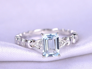 1.5ct Emerald Cut Blue Aquamarine Heart Shape Accents Ring 14k White Gold Finish