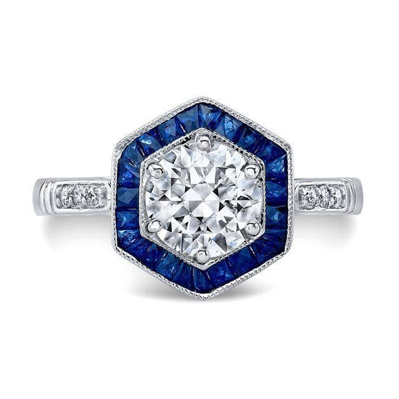 2.5ct Round Cut Diamond Sapphire Art Deco Engagement Ring 14k White Gold Finish