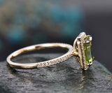 2Ct Emerald Cut Green Peridot Halo Solitaire Engagement Ring 14K Rose Gold Over