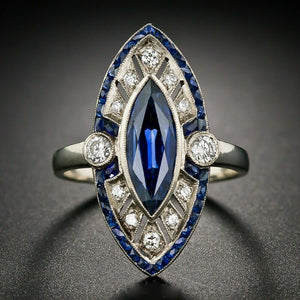 1.5ct Marquise Cut Blue Sapphire Art Deco Engagement Ring 14k White Gold Finish