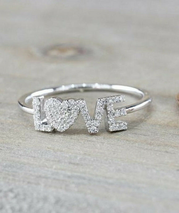 1.5ct Round Cut Diamond Love Heart Band Engagement Ring 14k White Gold Finish