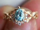 2ct Engagement Ring Pear Cut Blue Aquamarine Leaves Accent 14k YellowGold Finish