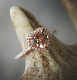 1.5ct Heart Cut Peach Morganite Engagement Ring 14k RoseGold Over Halo Solitaire