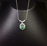 1.6ct Green Emerald Pendant with Chain Oval Cut Diamond Halo 14k White Gold Over