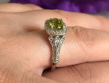 2ct Round Cut Green Peridot Halo Vintage Engagement Ring 14k White Gold Finish