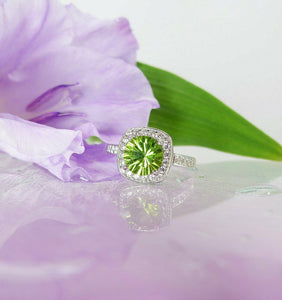 1.5ct Round Cut Green Peridot Engagement Ring 14k White Gold Over Halo Solitaire