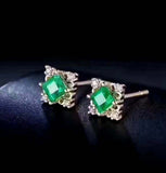 2ct Princess Green Emerald Filigree Rhombus Stud Earrings 14k Yellow Gold Finish