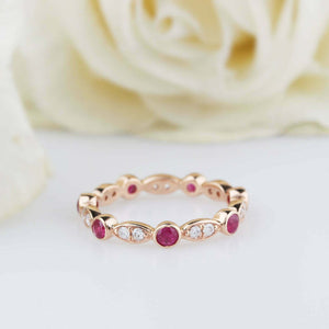 1ct Round Cut Pink Ruby Wedding Band Bezel Set Full Eternity 14k RoseGold Finish