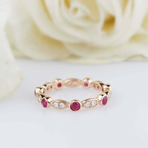 1ct Round Cut Pink Ruby Wedding Band Bezel Set Full Eternity 14k RoseGold Finish