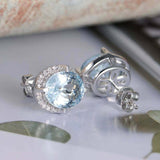 2.2ct Oval Cut Blue Aquamarine Diamond Halo Stud Earrings 14k White Gold Finish