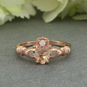 1ct Heart Cut Peach Morganite Claddagh Design Engagement Ring 14k Rose Gold Over