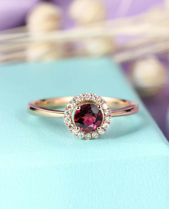 1.7ct Round Cut Pink Ruby Engagement Ring Halo Diamond 14k Yellow Gold Finish